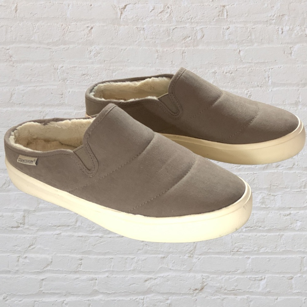 Staheekum Women’s Taupe furry warm fabric minimalist neutral slide on mules 8